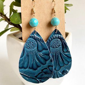 Blue Leather Water Droplet Earring with Turquoise Bead